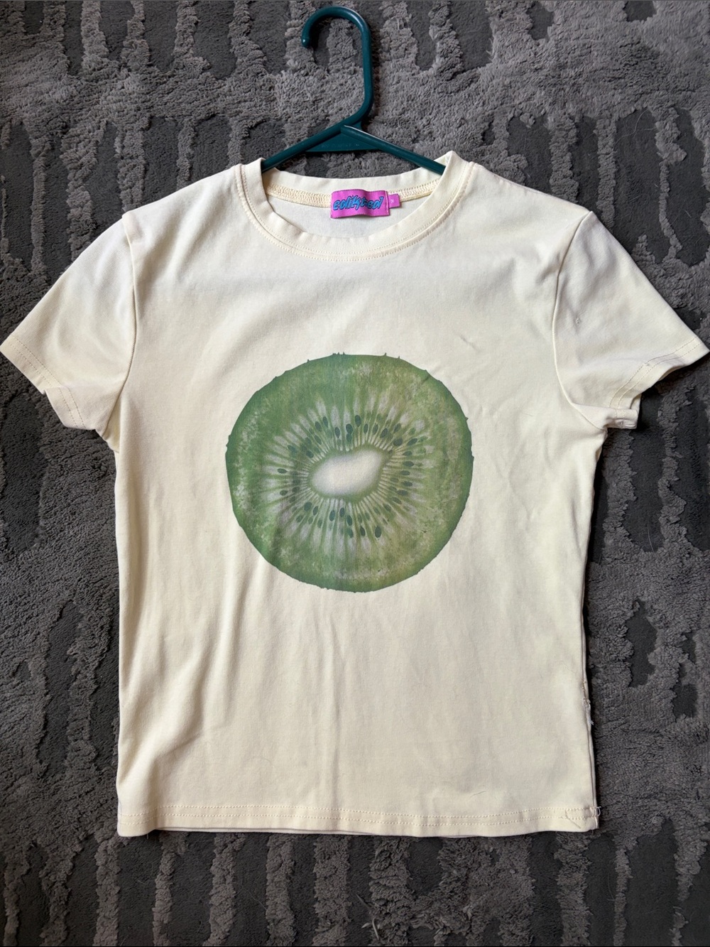 Edikted Cream Tee with Green Kiwi Graphic